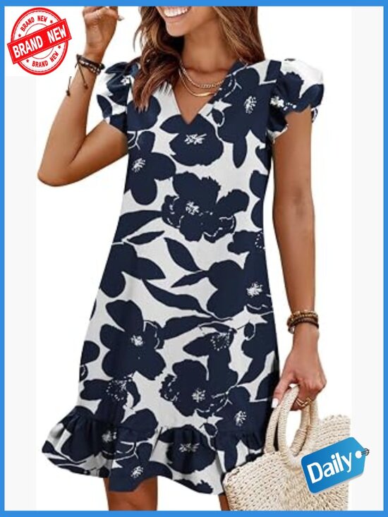 Dresses & Skirts - V Neck Cap Sleeve Ruffle Hem Smock Short Beach Dress